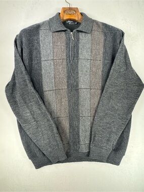 Vintage Gran Sasso Men's Grey and Brown Zip-Up Panel Sweater Wool Blend Size XL